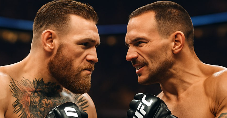 UFC main event face-off between Conor McGregor and Michael Chandler, both fighters squaring up inside the octagon.
