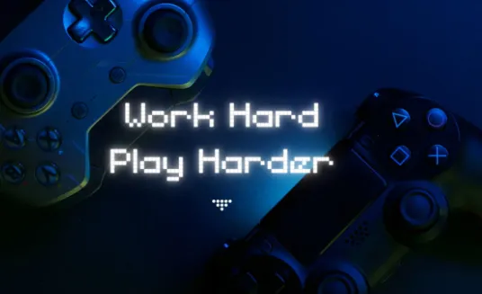 A video game controller with the words work hard play harder