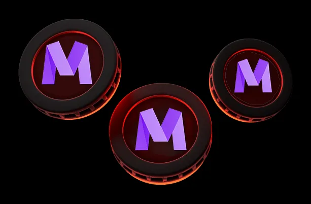 A set of three purple m buttons on a black background