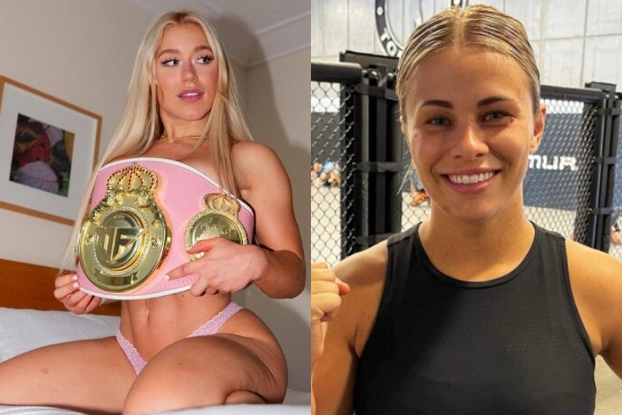 Elle Brooke, known from 'elle brooke porn', poses with championship belt in lingerie, while Paige VanZant smiles in gym gear—highlighting the clash between adult fame and pro fighting in their crossover boxing rivalry.
