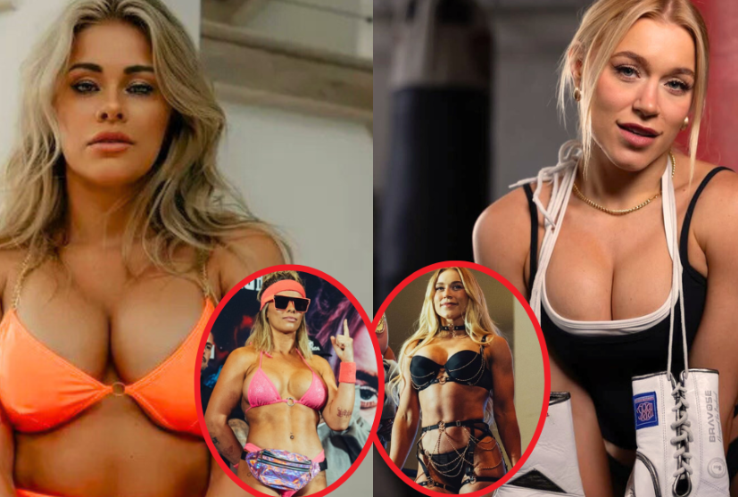 Collage of Elle Brooke in bold outfits, including bikini and leather gear, symbolizing her 'elle brooke rough' fight style and crossover boxing appeal; table highlights key moments from her draw with VanZant.

