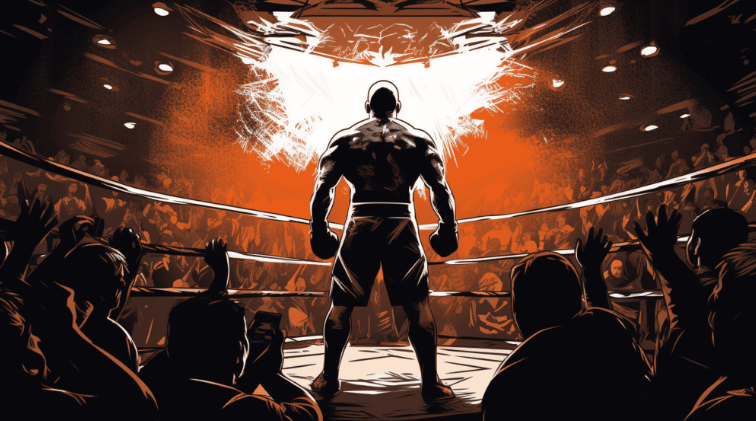Stylized image of a lone MMA fighter standing under bright lights in the center of a roaring arena, symbolizing the upcoming tactical showdown between Nassourdine Imavov and Khamzat Chimaev.
