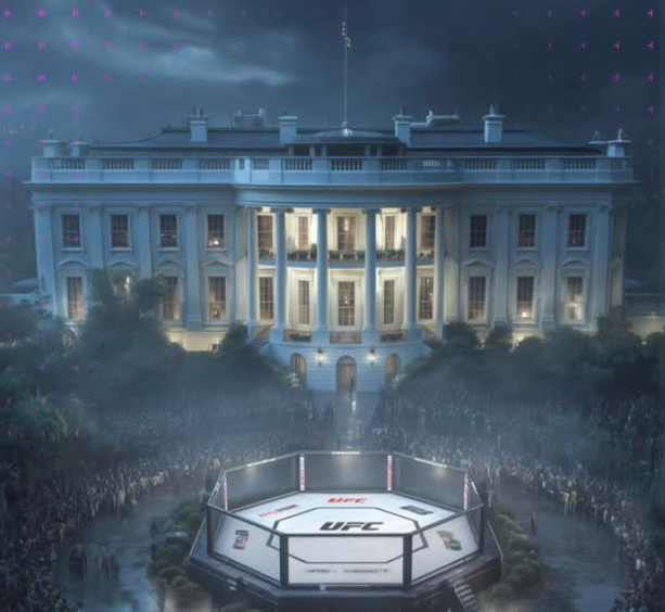 Concept art of a UFC octagon set up in front of the White House, surrounded by a large crowd, symbolizing Jon Jones’ potential headliner role at the high-profile 2026 UFC event.
