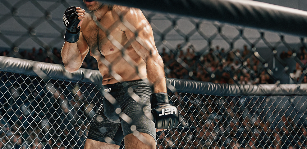 A shirtless MMA fighter wearing gloves stands inside the octagon, gripping the cage and preparing for action. The text highlights Alex Pereira’s struggles with pressure and recovery after fights against Israel Adesanya and Magomed Ankalaev.

