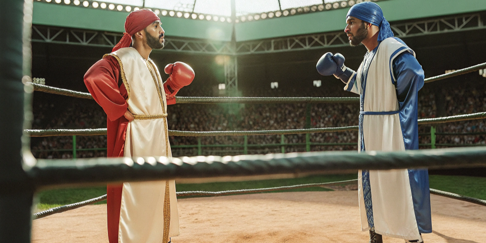 Two fighters in the ring wearing boxing robes and gloves, one in red and one in blue, facing off under stadium lights. Caption refers to middleweight champion Dricus du Plessis moving to light heavyweight.
