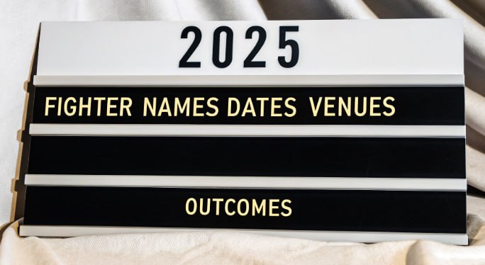 Signboard showing 2025 with fighter names, dates, venues, and outcomes listed as placeholders.
